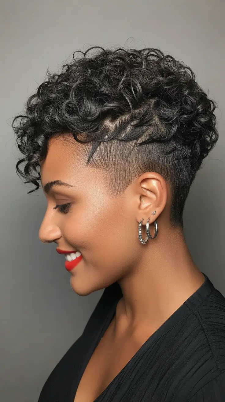 Asymmetrical pixie haircut ideas 2026 Curly Pixie With Carved Side Design