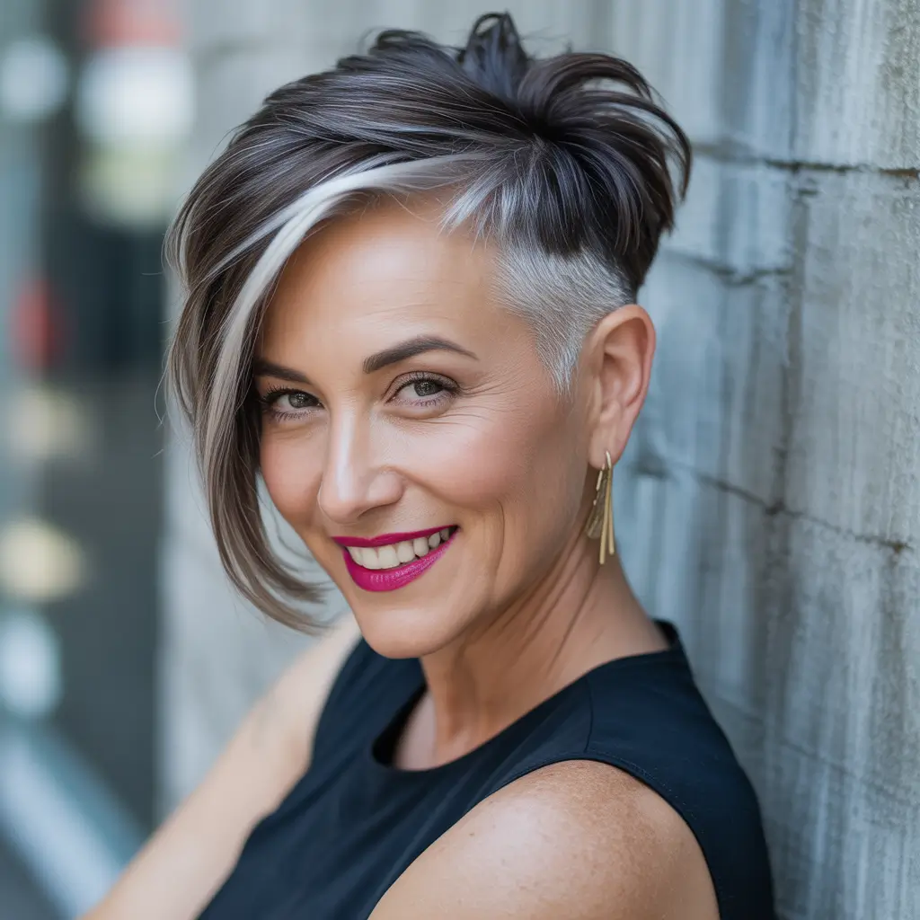 Asymmetrical pixie haircut ideas 2026 Bold Undercut Pixie With Silver Contour Streak