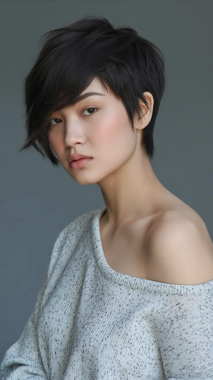 Asymmetrical pixie haircut ideas 2026 Soft Jet-Black Pixie With Whispered Layers