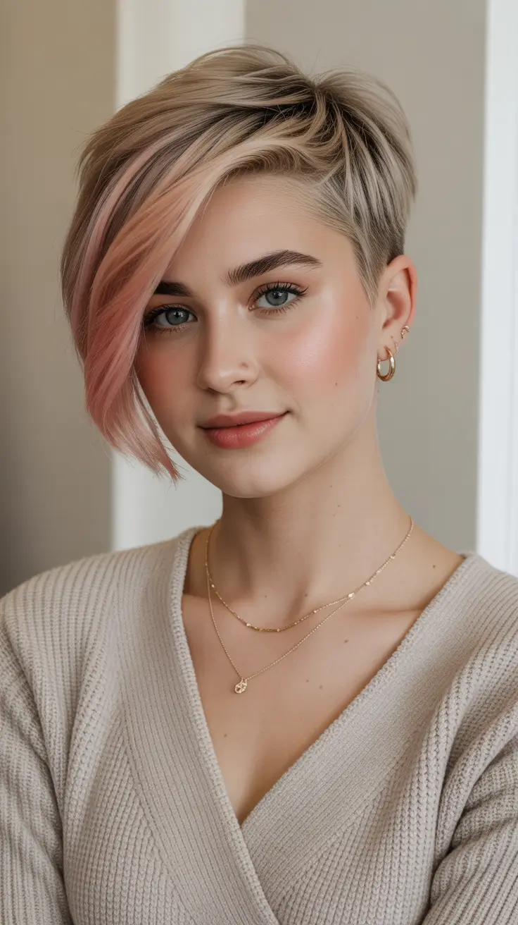 Asymmetrical pixie haircut ideas 2026 Soft Beige Pixie With Rose-Tint Side Sweep