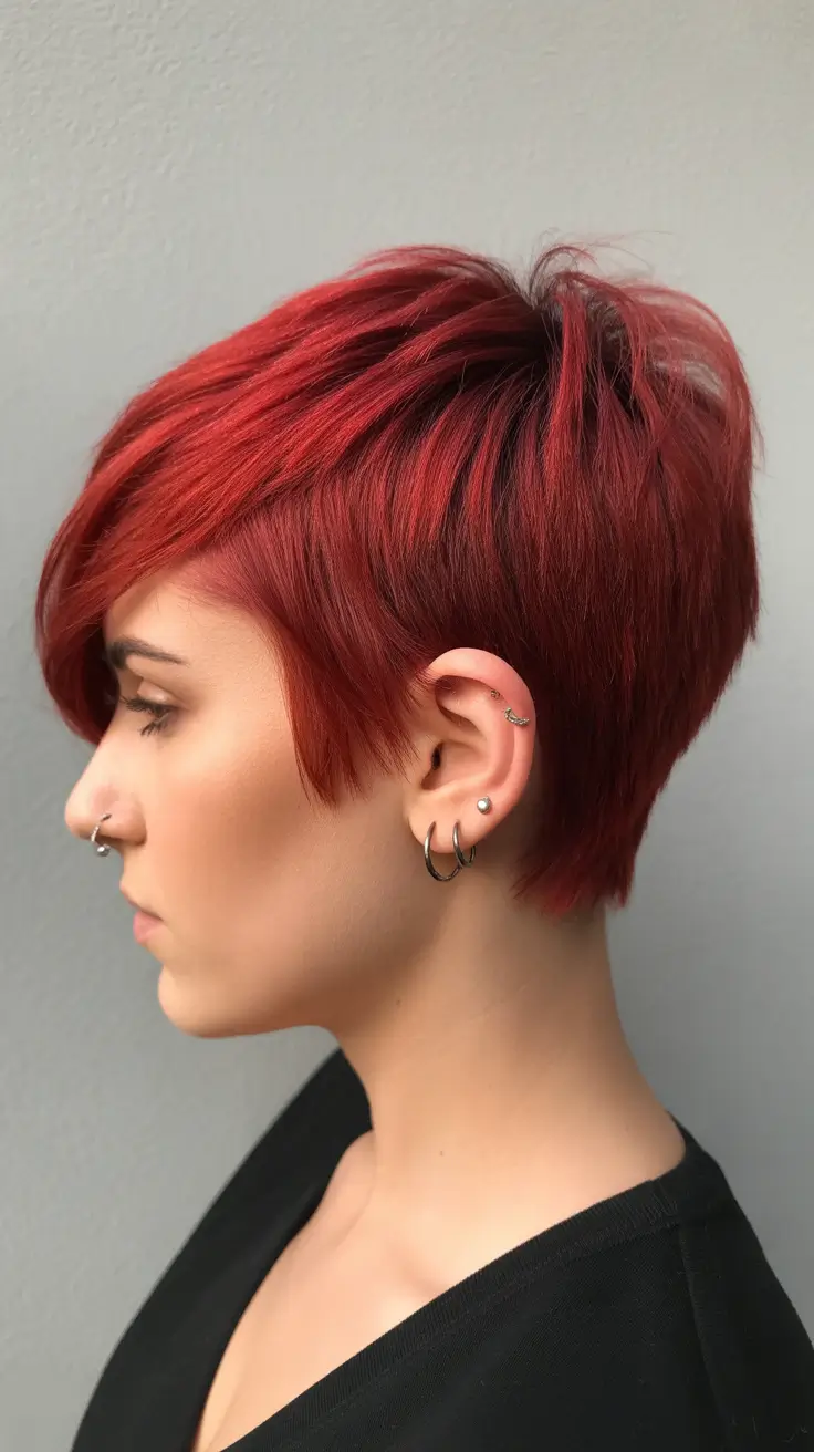 Asymmetrical pixie haircut ideas 2026 Vibrant Red Pixie With Structured Taper