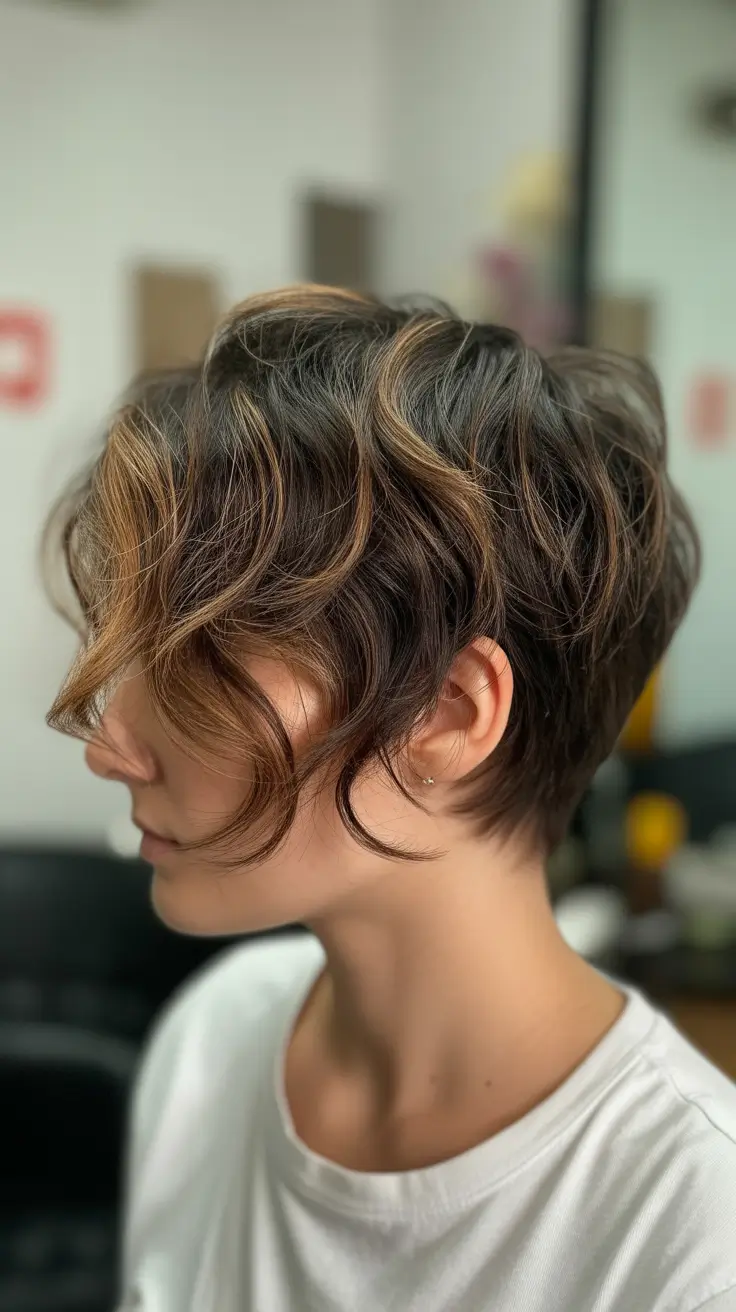 Asymmetrical pixie haircut ideas 2026 Soft Wavy Asymmetrical Pixie With Warm Highlights