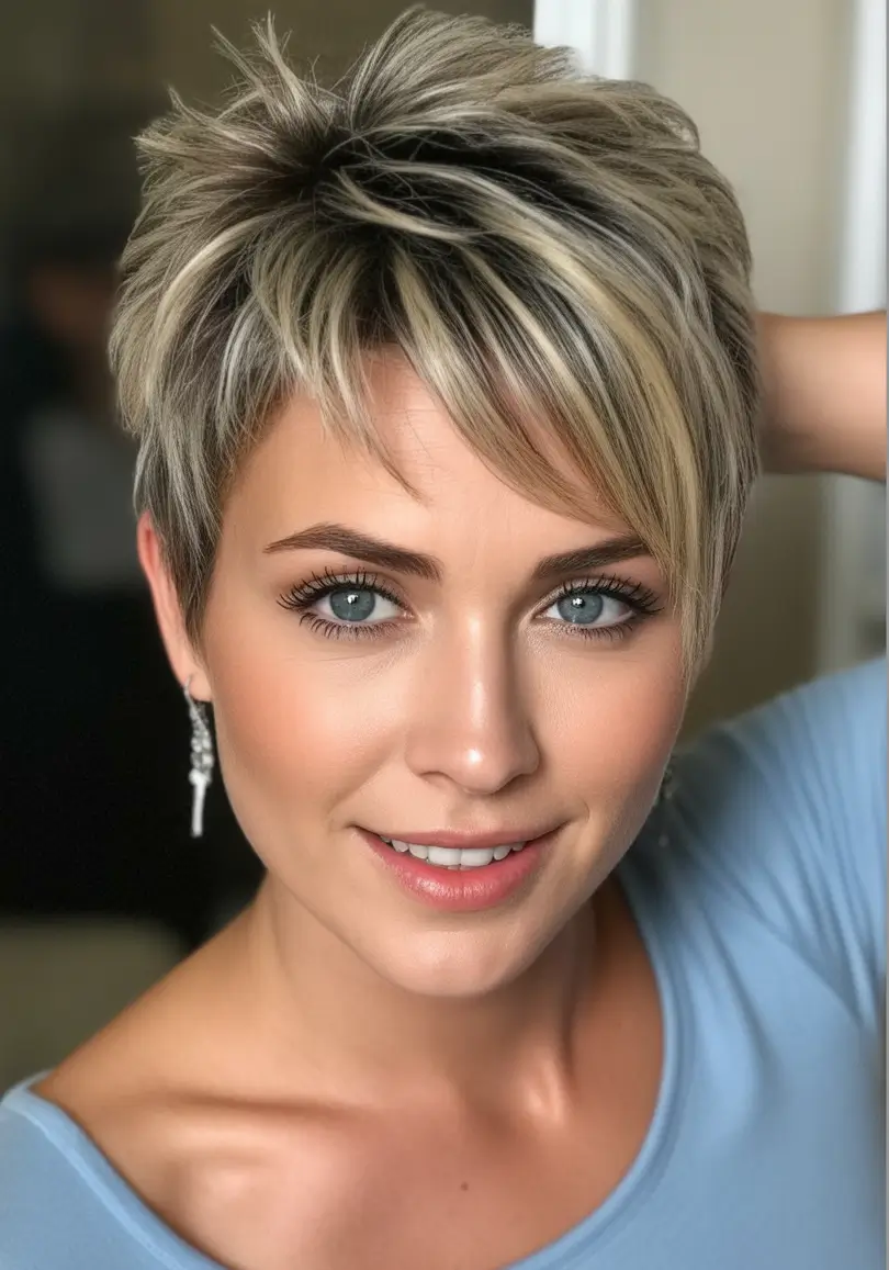Asymmetrical pixie haircut ideas 2026 Textured Blended Pixie With Blonde Dimension