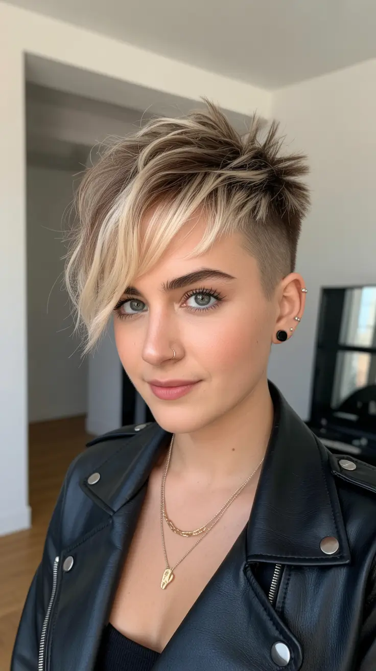 Asymmetrical pixie haircut ideas 2026 High-Contrast Undercut Pixie With Sweeping Fringe