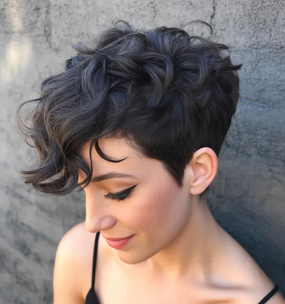 Asymmetrical pixie haircut ideas 2026 Curly Sculpted Pixie With Crown Volume