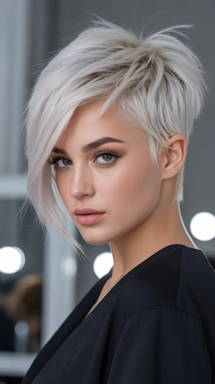 Asymmetrical pixie haircut ideas 2026 Dramatic Side-Swept Pixie With Cool Platinum Tone