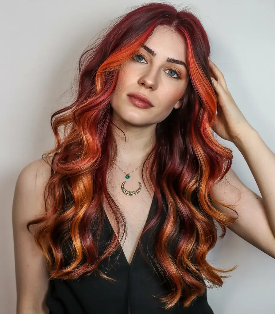 balayage hair ideas 2026 Fiery Sunset Balayage Waves