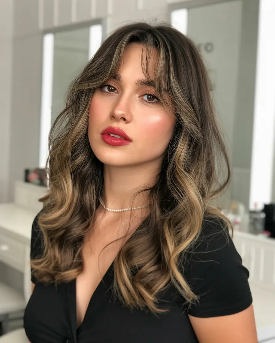 balayage hair ideas 2026 Chocolate Brunette Balayage with Feminine Waves