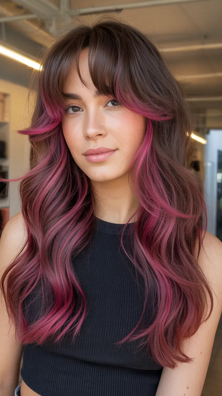 balayage hair ideas 2026 Dark Brunette with Magenta and Violet Highlights