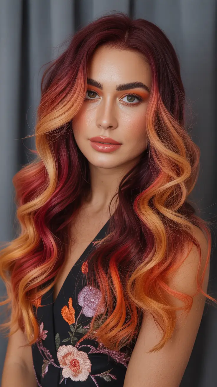 balayage hair ideas 2026 Fiery Red and Golden Caramel Balayage