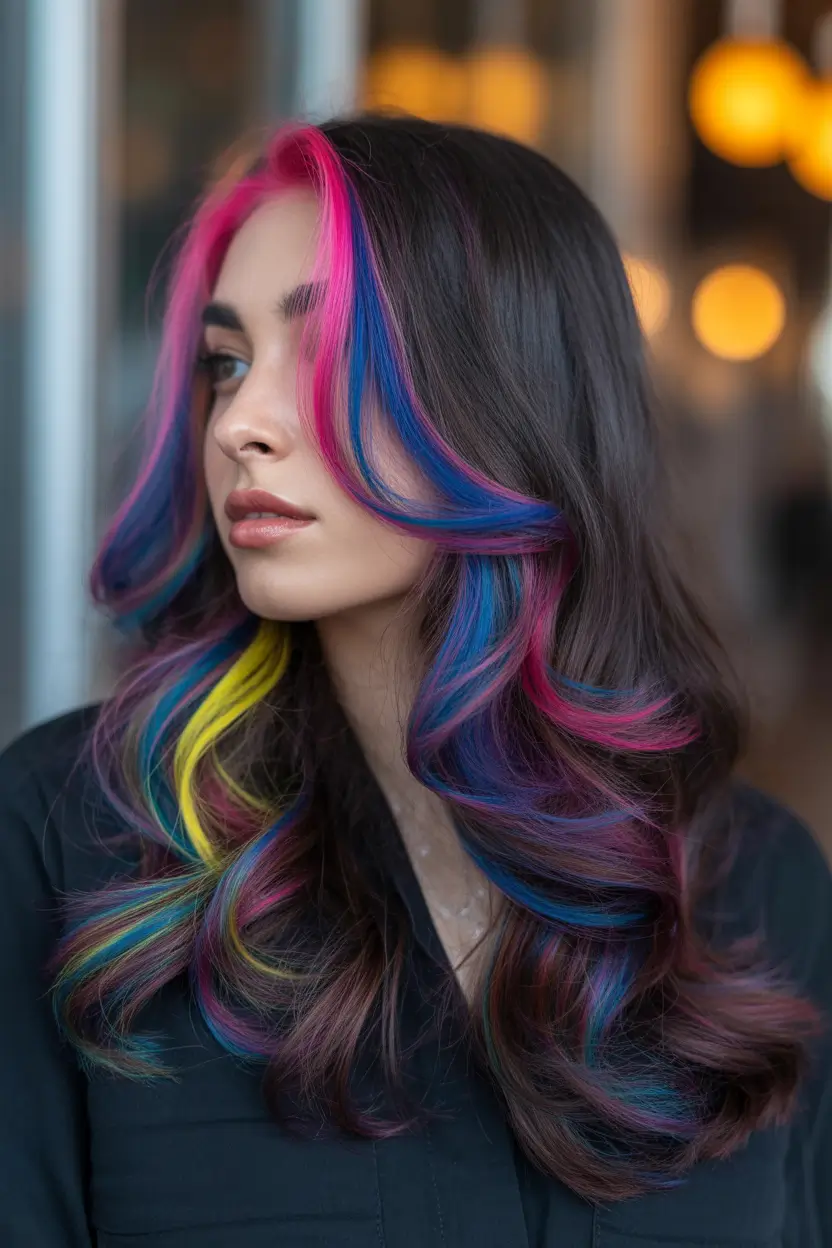 balayage hair ideas 2026 Multicolor Fantasy Balayage with Blue Pink Yellow