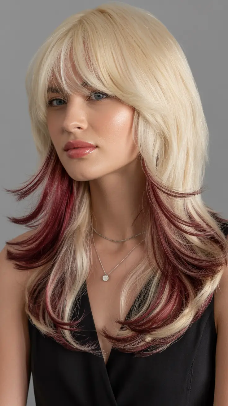 balayage hair ideas 2026 Blonde Shag with Cherry Chocolate Underside
