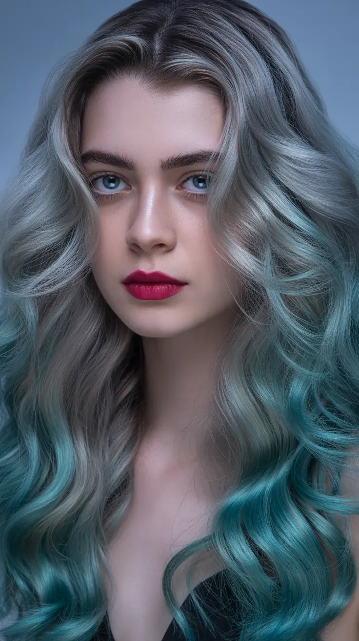 balayage hair ideas 2026 Silver Frost Balayage with Teal Ends