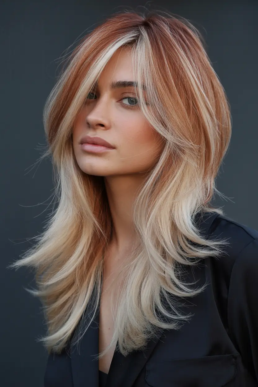 balayage hair ideas 2026 Peach-Toned Blonde with Dimensional Layers