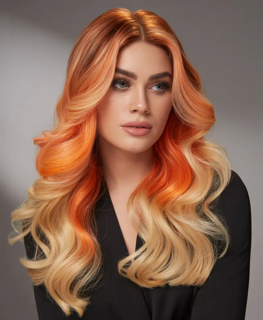 balayage hair ideas 2026 Orange Copper Balayage with Blonde Ends
