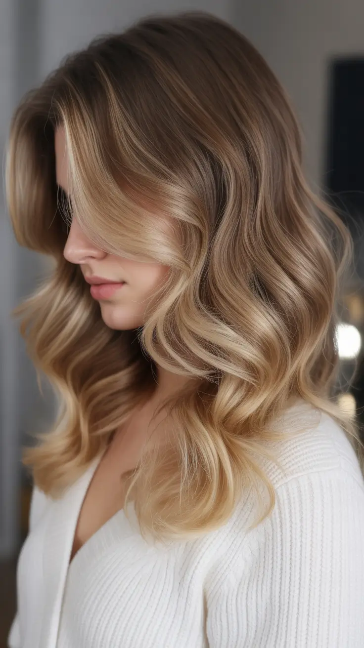 balayage hair ideas 2026 Soft Beige Blonde Balayage with Polished Waves