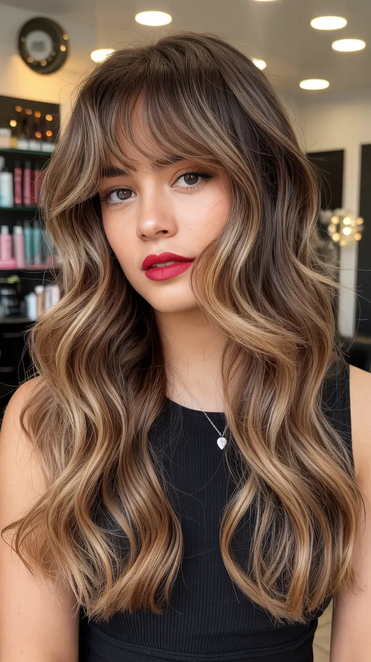 balayage hair ideas 2026 Brunette with Neutral Caramel Ribbons