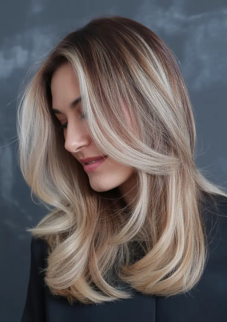 balayage hair ideas 2026 Soft Rooted Blonde Balayage with Feathered Layers