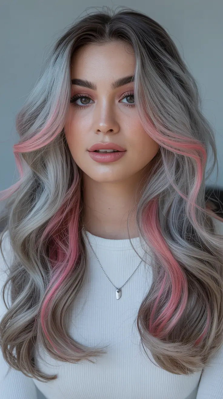 balayage hair ideas 2026 Silver Ash Balayage with Pastel Front Highlights