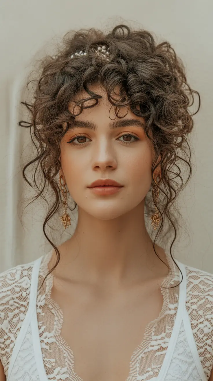 Best cute hairstyles 2026 Soft Curly Updo With Wispy Bangs