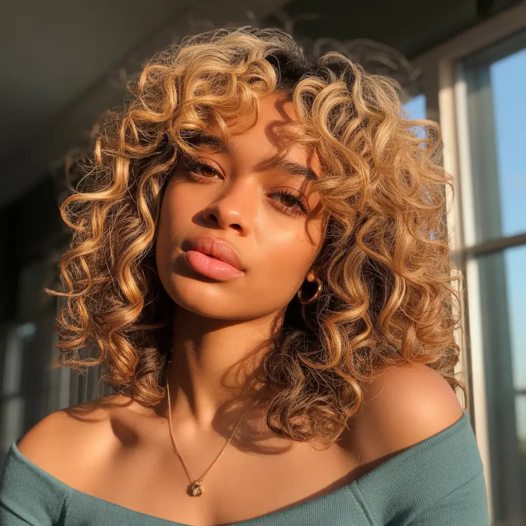 hair color for dark skin tone Golden Curly Volume