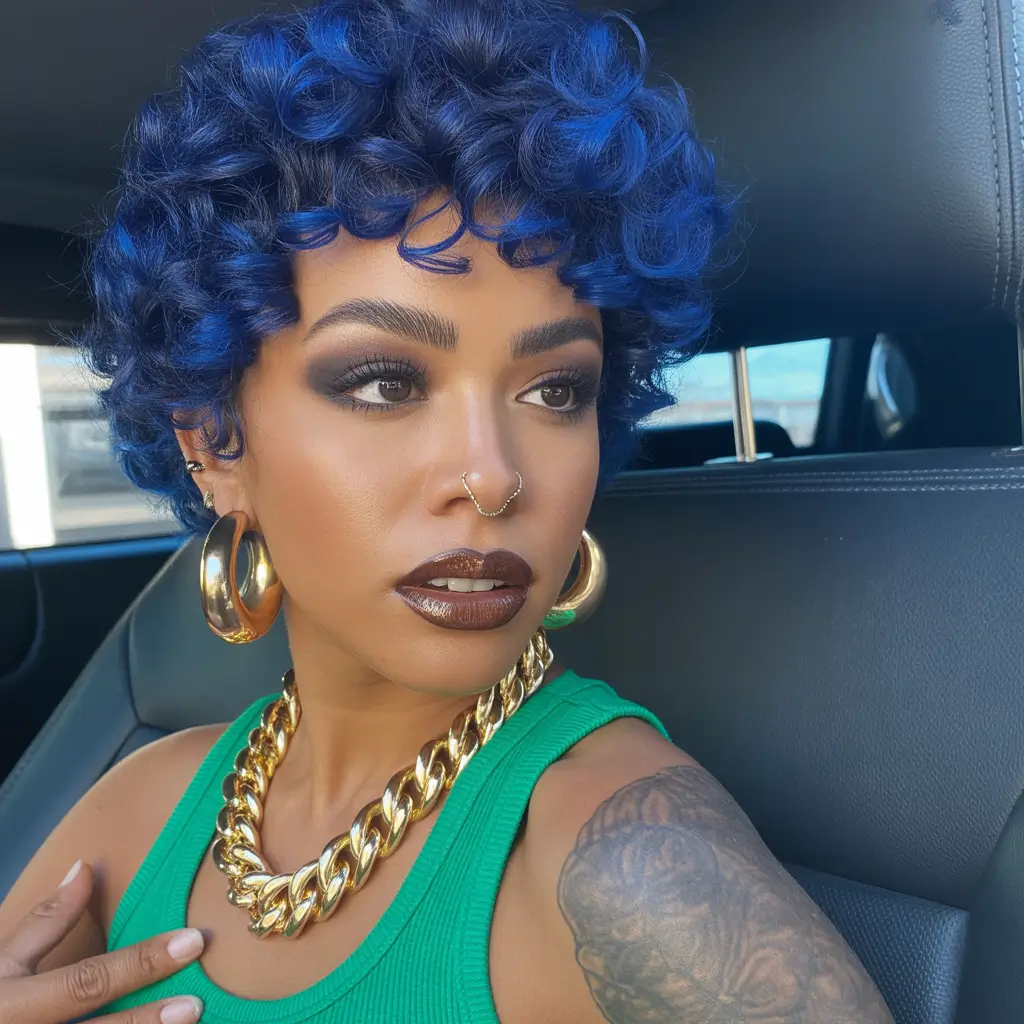 hair color for dark skin tone Electric Blue Curls