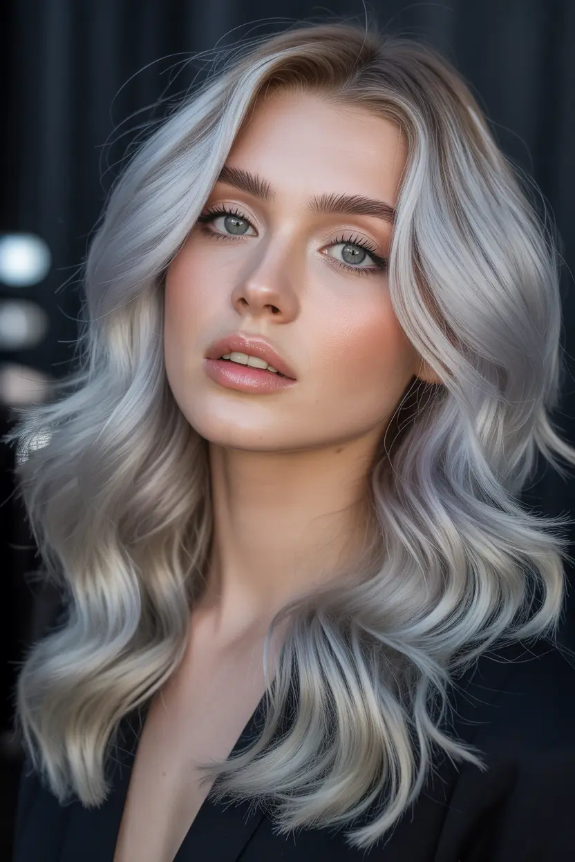 Best hair color for light skin 2026 Icy Silver Waves With Pearl Finish