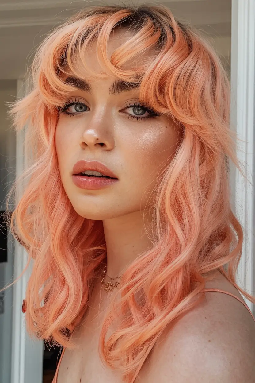 Best hair color for light skin 2026 Peach-Toned Waves With Soft Curtain Bangs