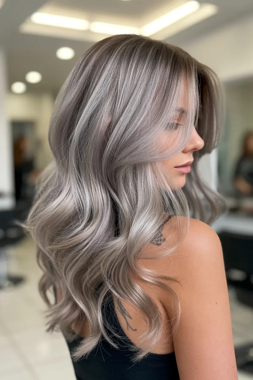 Best hair color for light skin 2026 Pearl Grey Balayage With Shadowed Depth