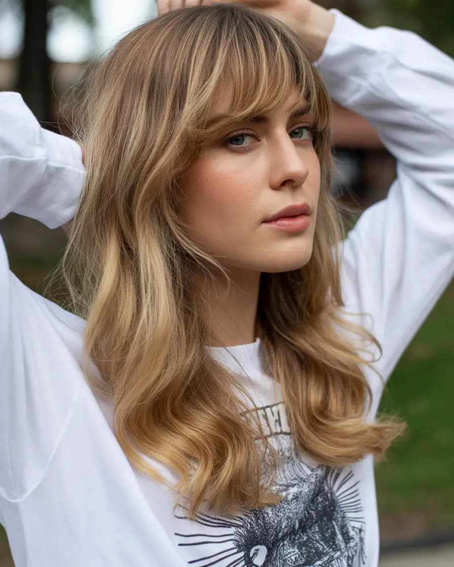 Best hair color for light skin 2026 Soft Honey Waves With Natural Bangs