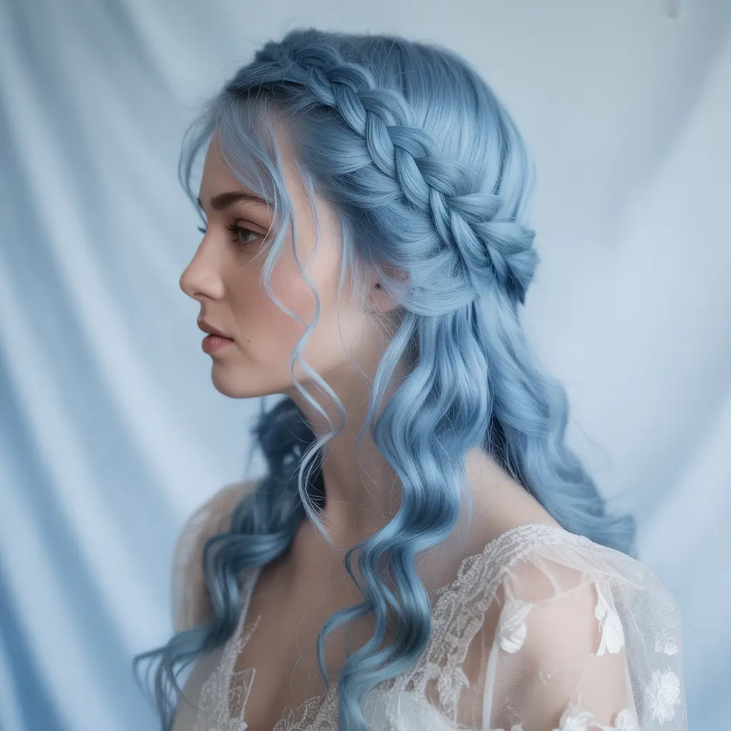 Best hair color for light skin 2026 Powder Blue Braided Elegance