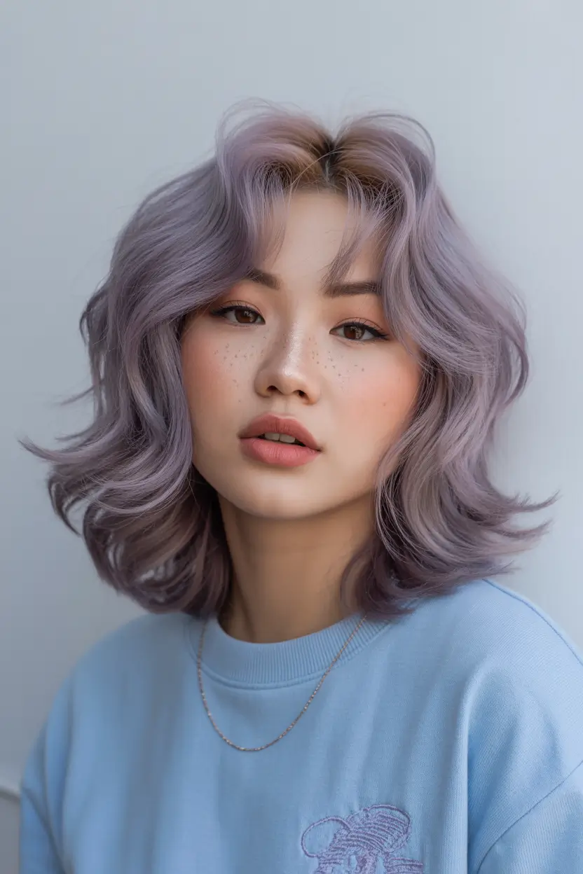 Best hair color for light skin 2026 Dusty Lilac Shag With Airy Volume