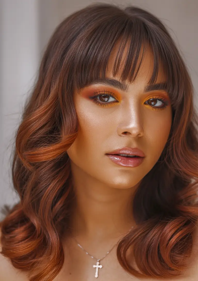 hair color for tan skin tone Bronzed Copper Curls With Soft Fringe