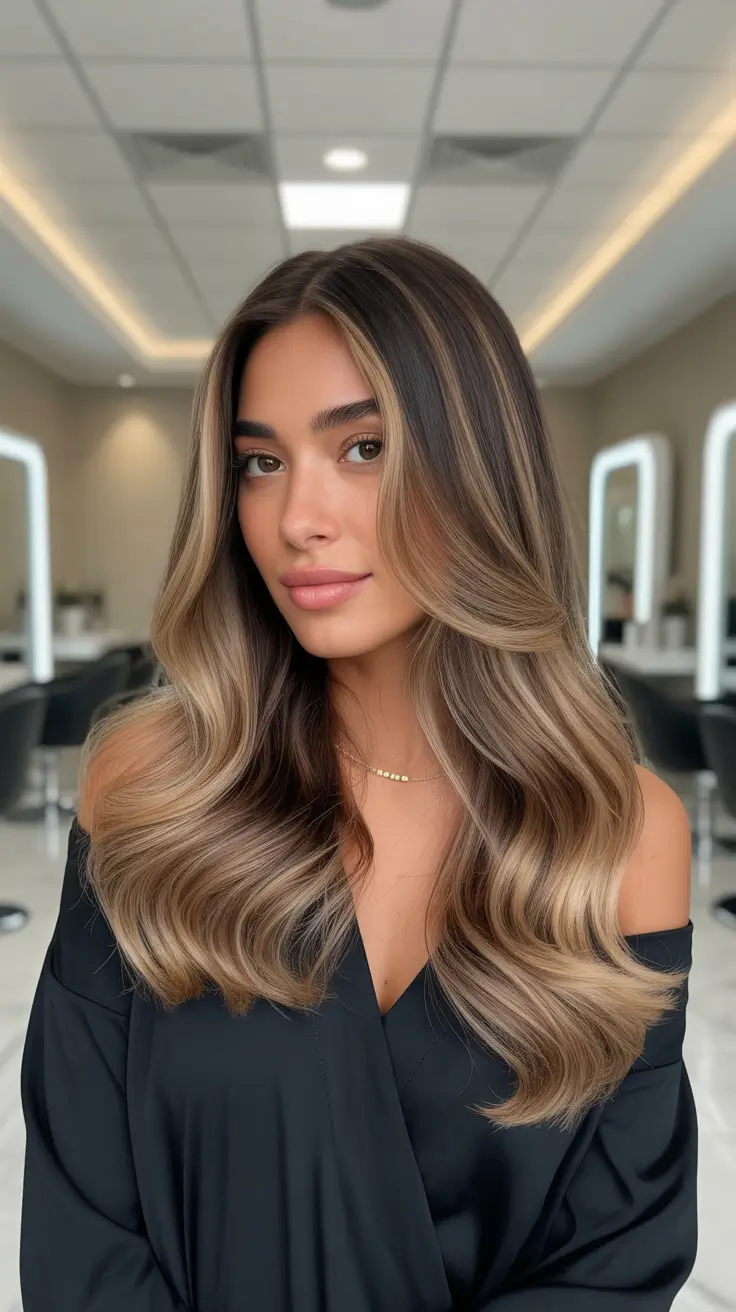 hair color for tan skin tone Rooted Mocha Balayage With Champagne Ends