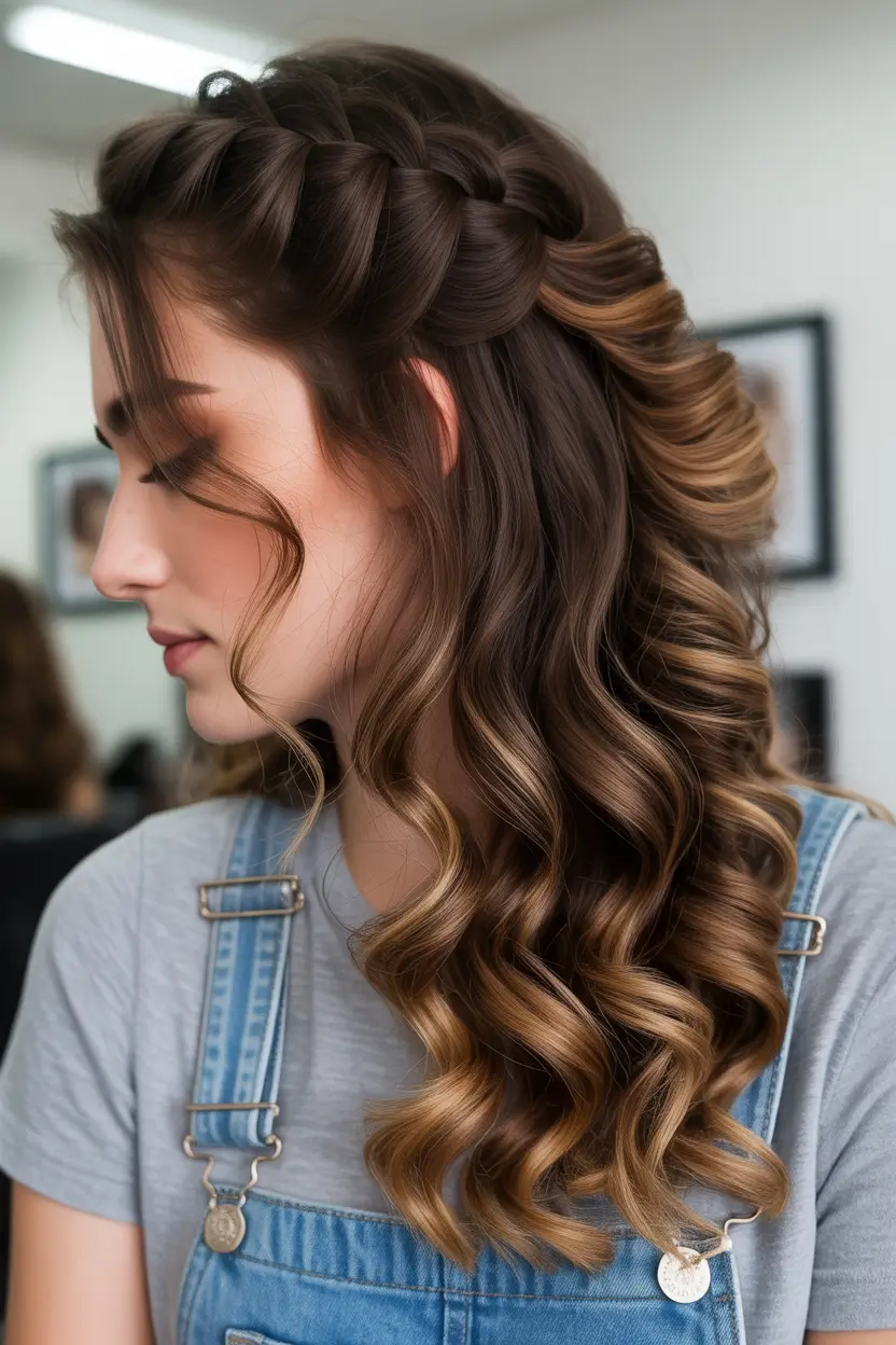 Best half-up hairstyles 2026 Soft Waterfall Braid With Defined Curls