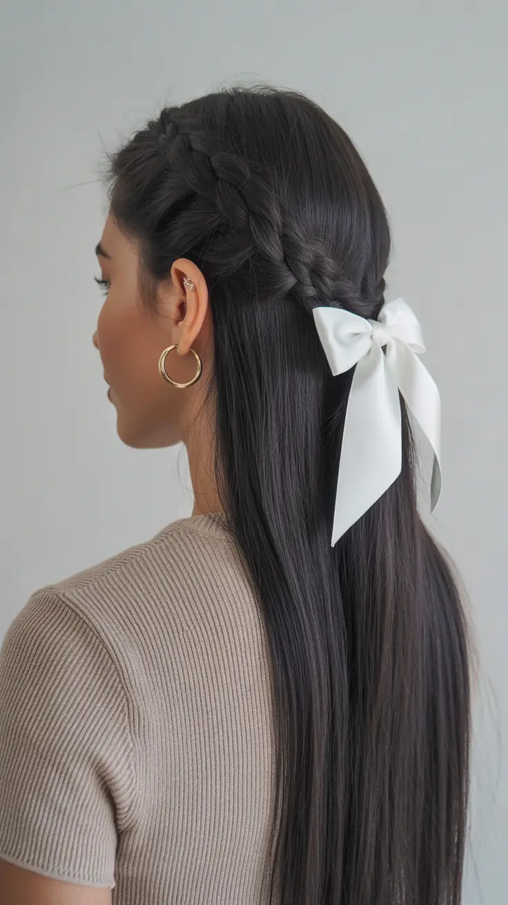 Best half-up hairstyles 2026 Braided Half-Up With Sleek Length and Bow Detail