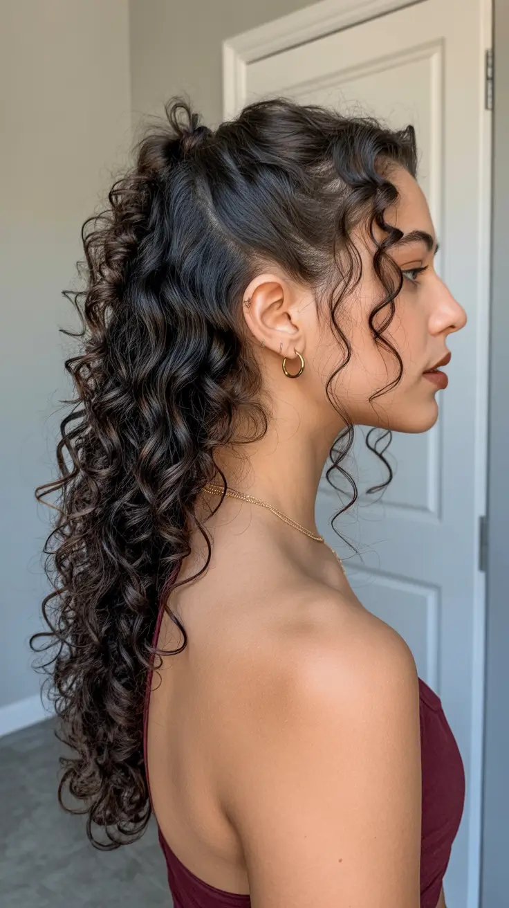 Best half-up hairstyles 2026 Voluminous Curly Half-Up High Pony