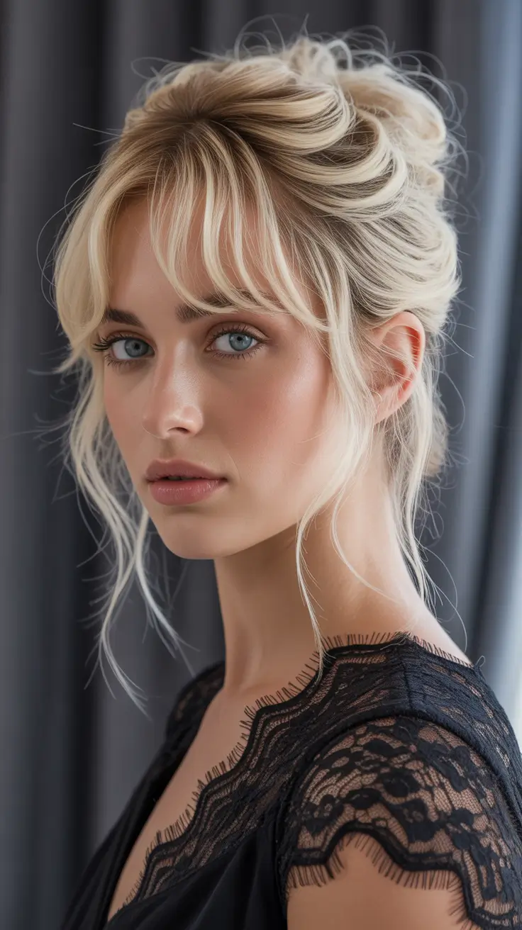 Best half-up hairstyles 2026 Soft Half-Up Bun With Curtain Bangs