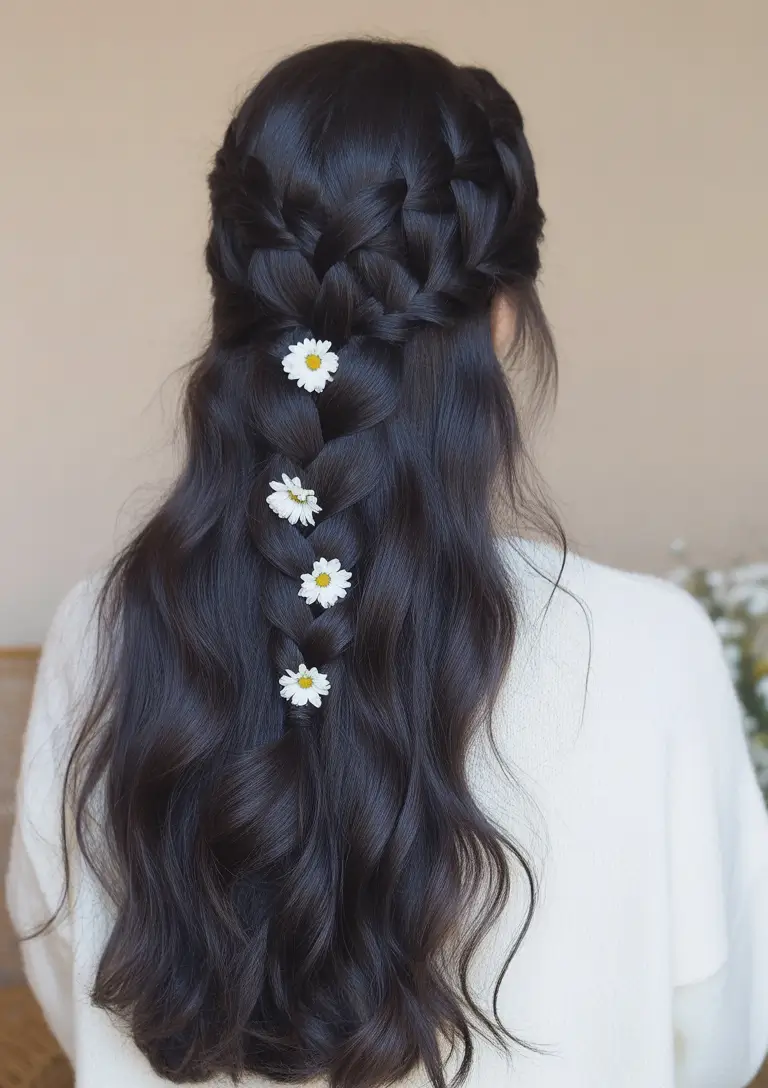 Best half-up hairstyles 2026 Boho Daisy-Accented Braided Half-Up