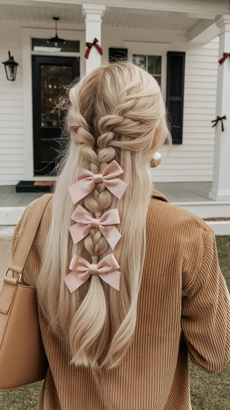 Best half-up hairstyles 2026 Triple-Bow Braided Half-Up Design
