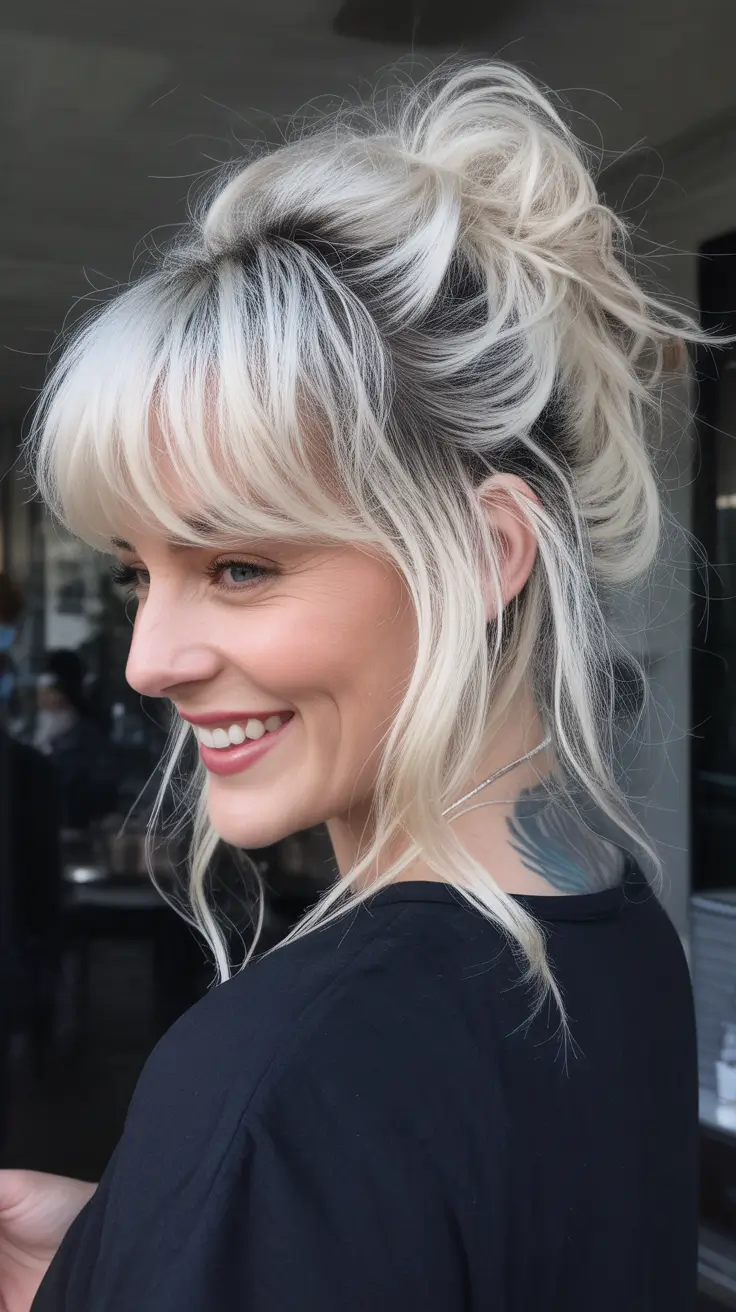 Best half-up hairstyles 2026 Messy High Bun With Soft Face-Framing Bangs