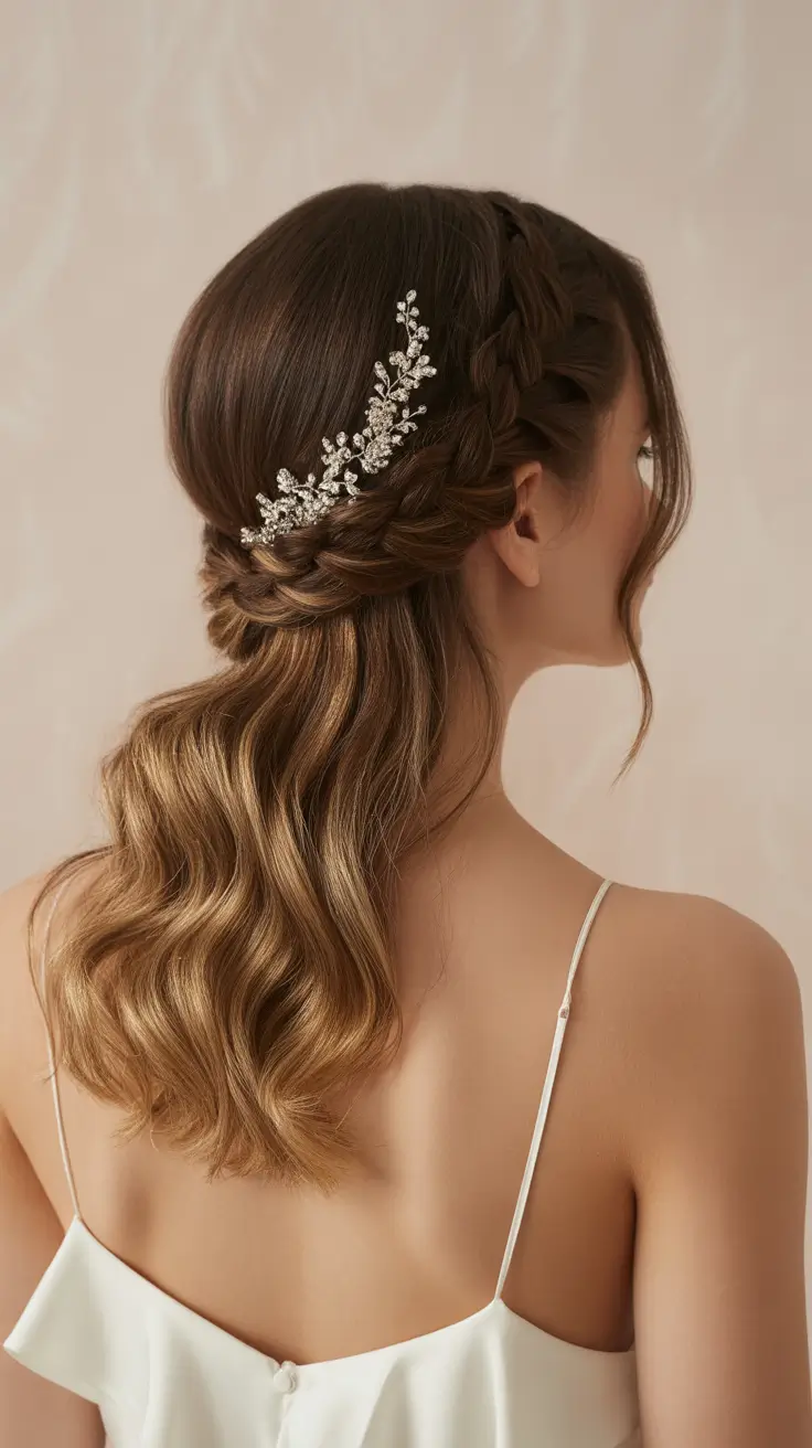 Best half-up hairstyles 2026 Braided Crown With Loose Waves