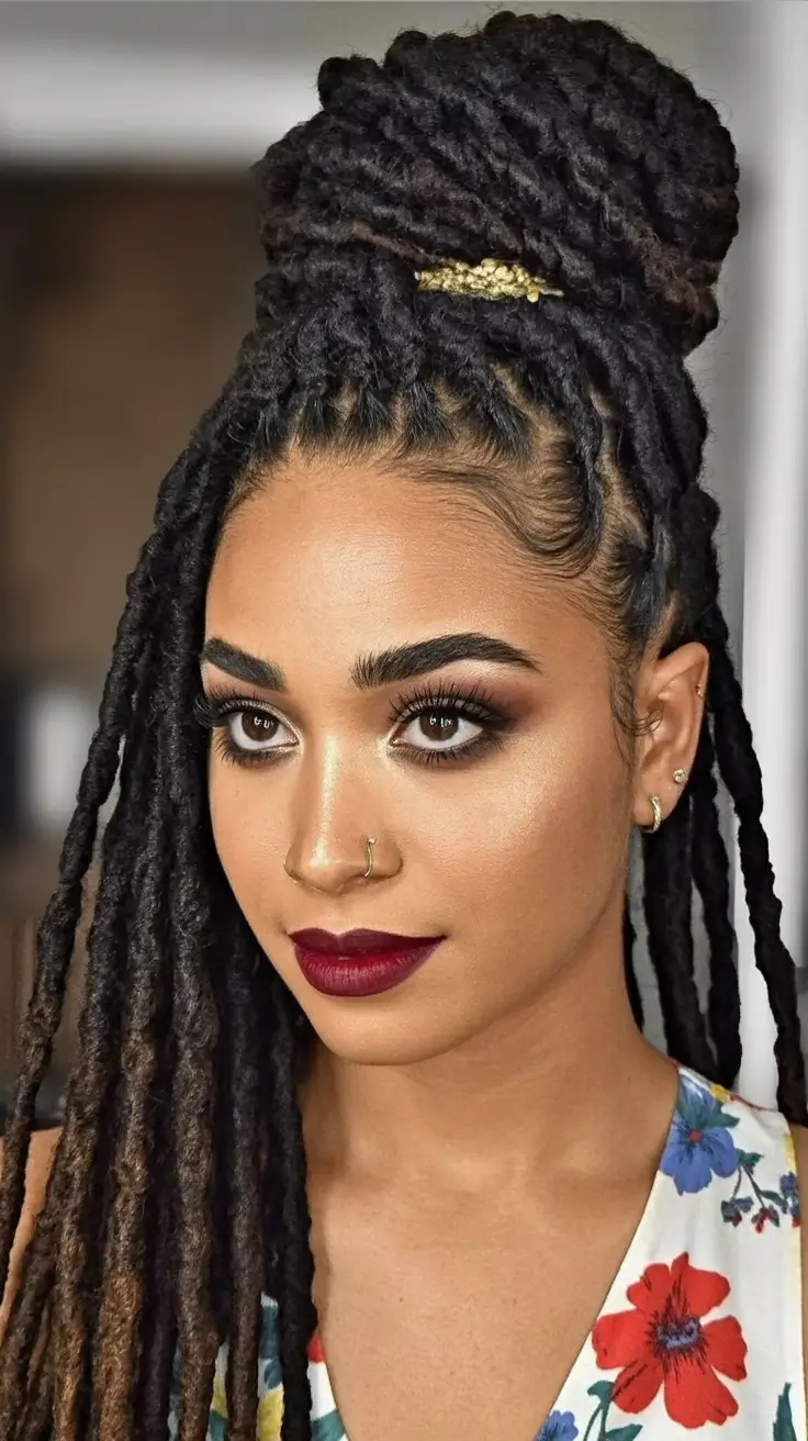 Best locs hairstyles 2026 Elevated Loc Bun With Cascading Length