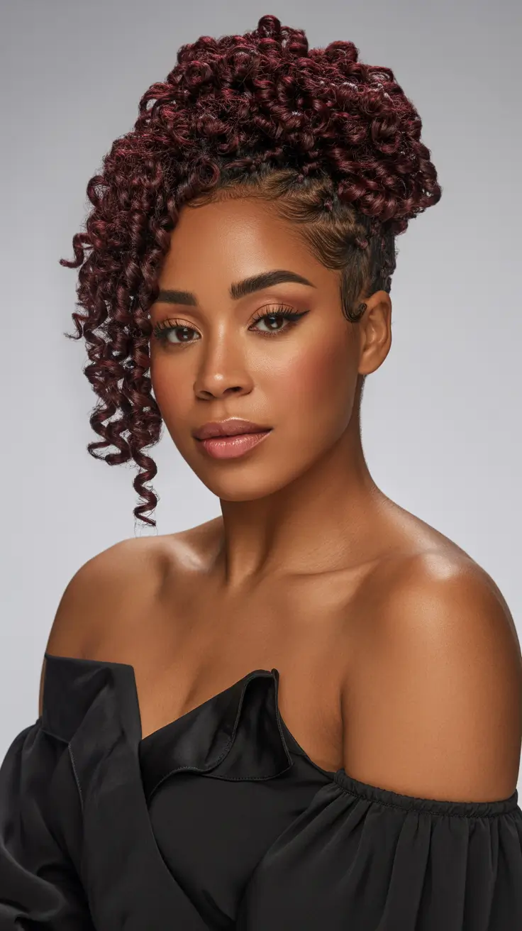 Best locs hairstyles 2026 Crimson Curly Loc Updo With Sculpted Fringe