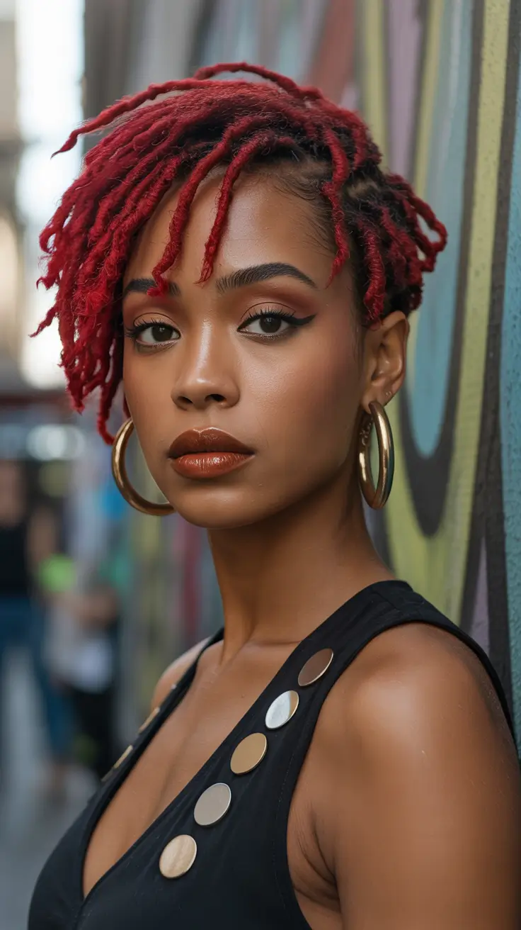 Best locs hairstyles 2026 Short Scarlet Coil Locs With Graphic Shape