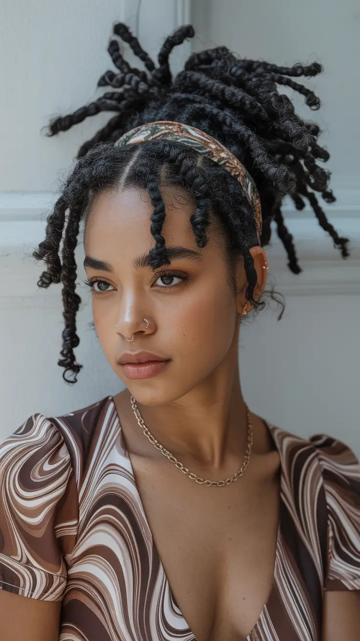 Best locs hairstyles 2026 Textured High Puff Locs With Retro Bandana