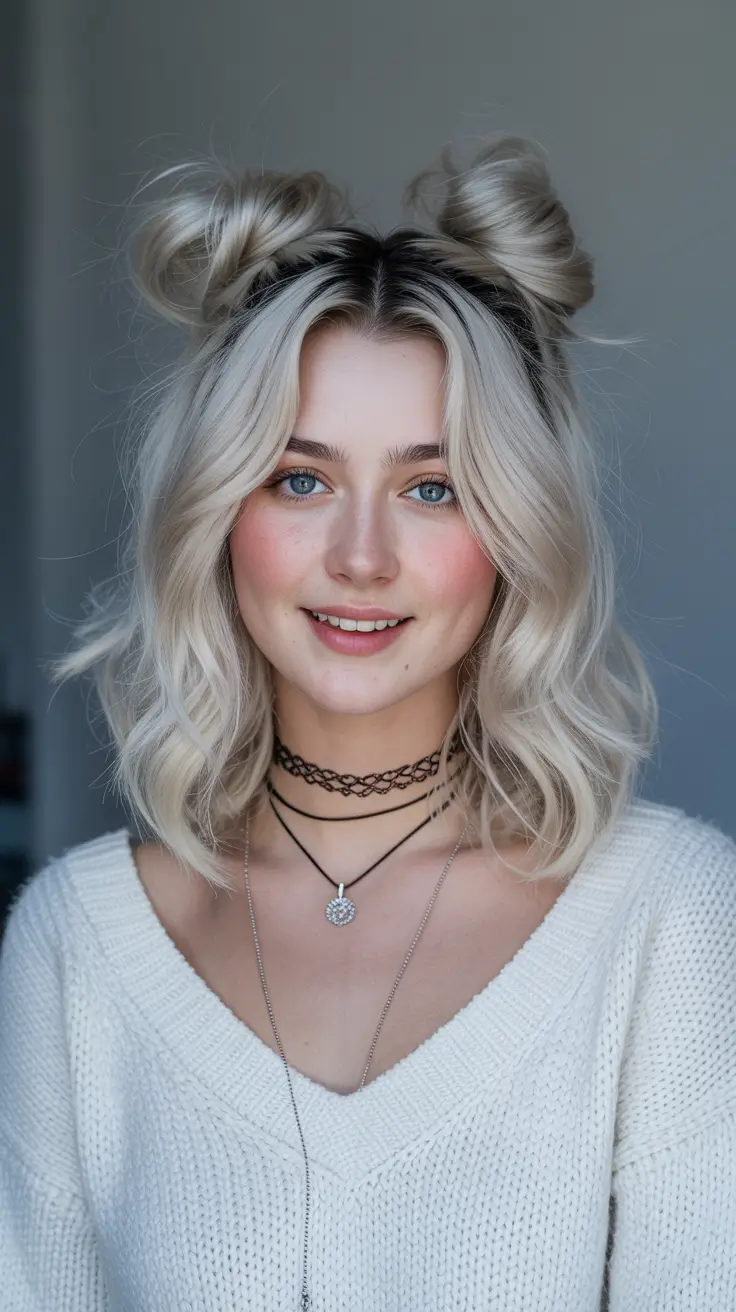 Best medium length hairstyles 2026 – Soft Blonde Waves With Playful Mini Buns