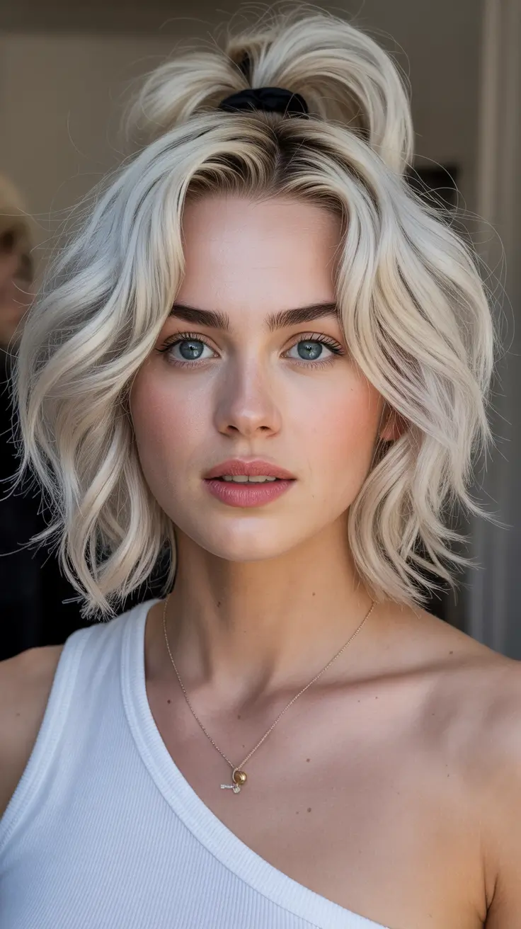 Best medium length hairstyles 2026 – Messy Blonde Half-Up Pony