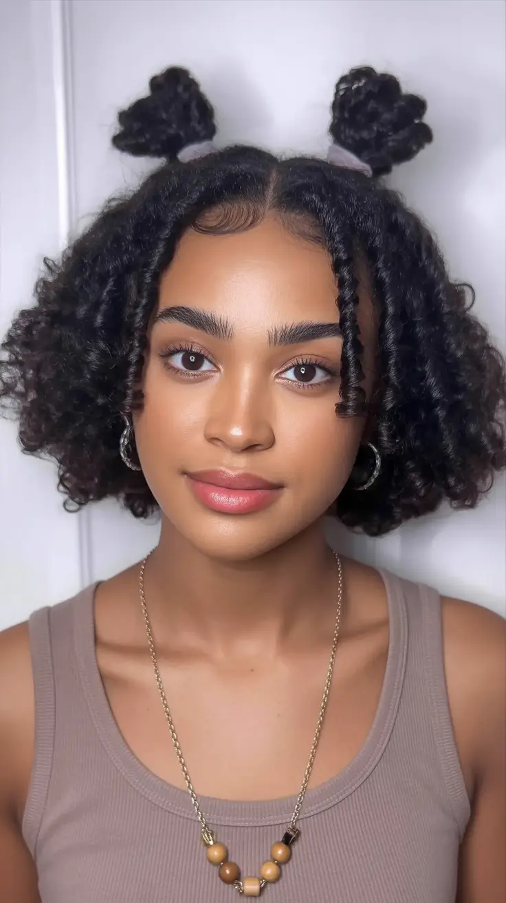 Best medium length hairstyles 2026 – Curly Hair With Double Mini Buns