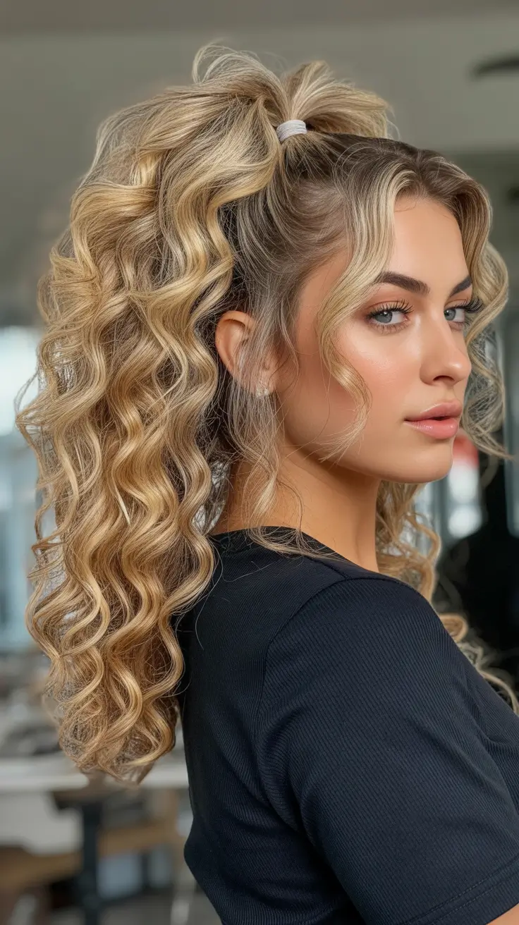 Best ponytail hairstyles 2026 Golden Curly Pony With Soft Tendrils